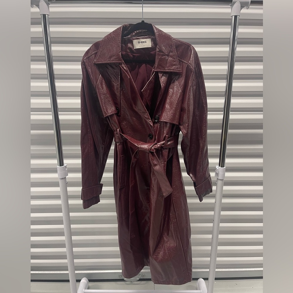 Faux Leather Trench Coat - Burgundy